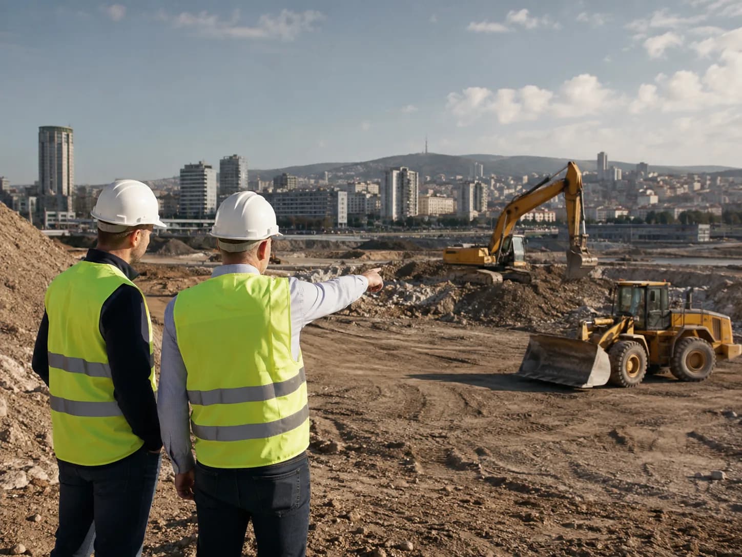 Izvođači u šlemovima i zaštitnim prslucima posmatraju gradilište sa bagerom i utovarivačem u radu — RentalKop povezuje vlasnike mašina i izvođače radova