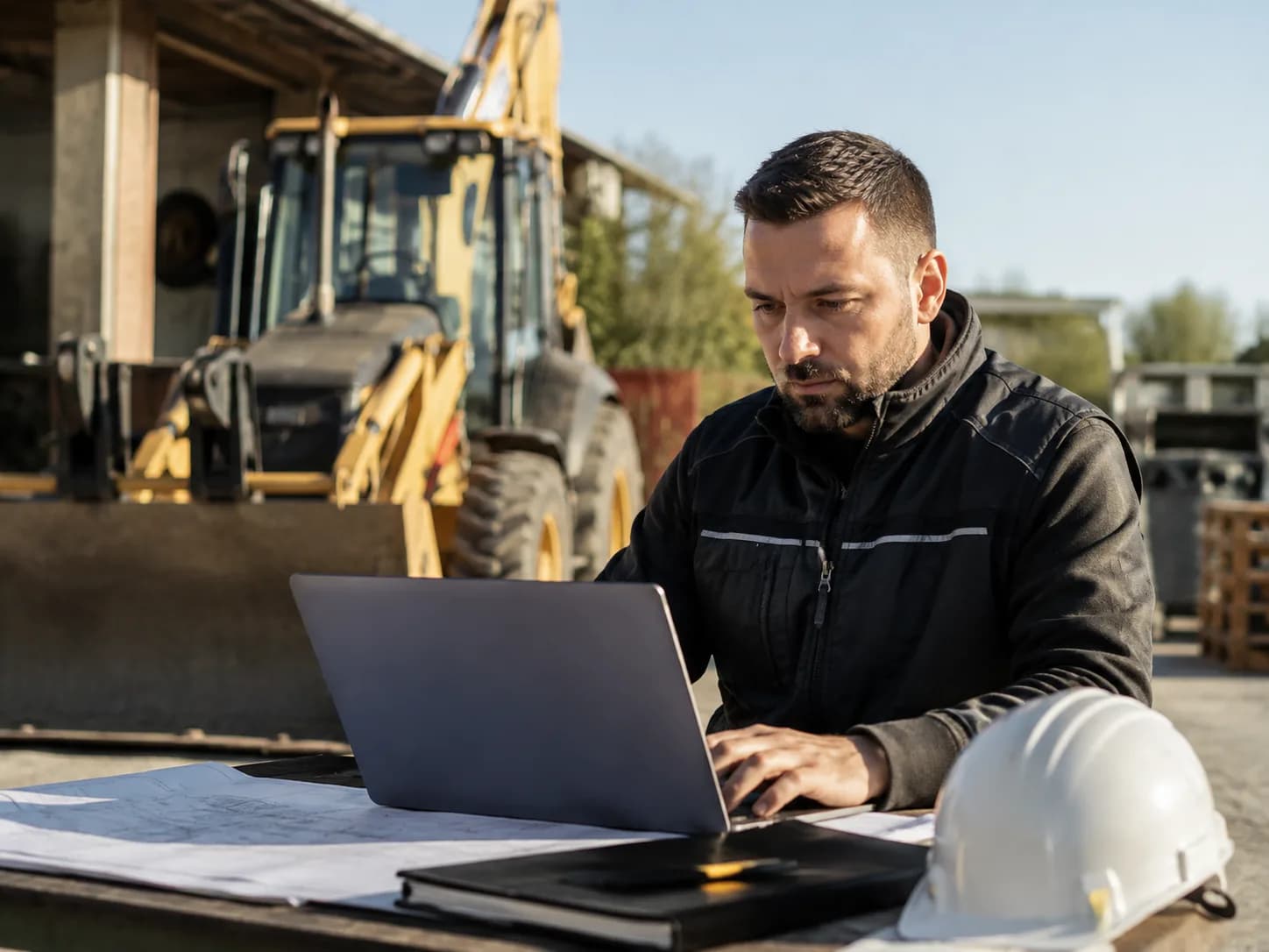 Vlasnik građevinske mašine postavlja oglas na laptopu ispred bagera-utovarivača, sa nacrtima i šlemom na stolu